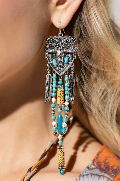 Western multi-Stone Steer Head Fringe Earrings