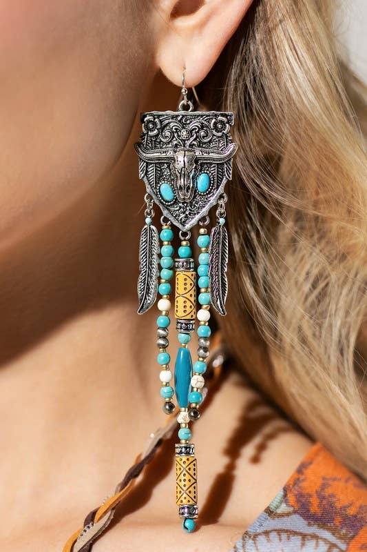 Western multi-Stone Steer Head Fringe Earrings