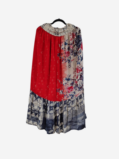 She Lives Beauty Sienna Moon cargo silk skirt featuring a patchwork of red and floral vintage rasgulla silk patterns.