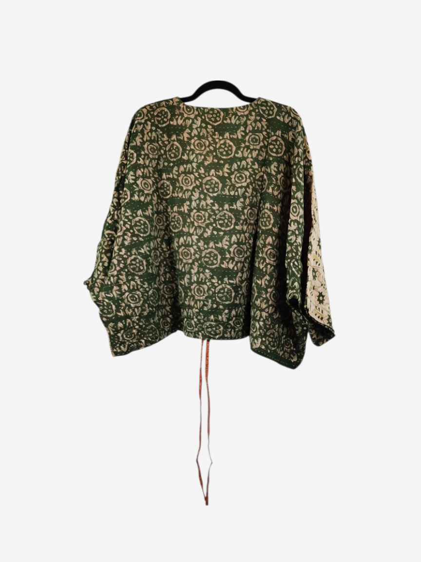 She Lives Beauty Sunrise Hana butterfly top in green vintage cotton with intricate kantha stitching and floral patterns.