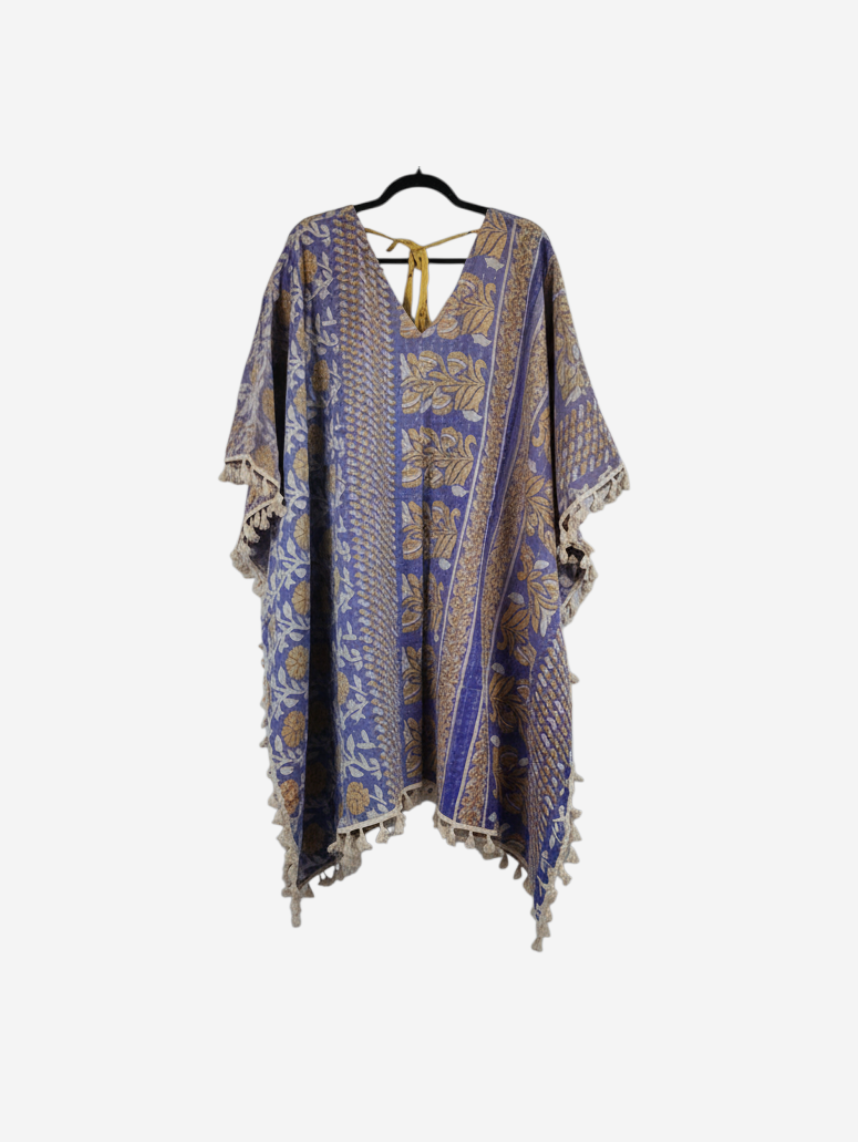 She Lives Beauty reversible long sleeve kimono in blue and gold vintage kantha cotton with fringe trim