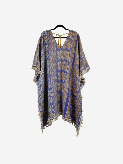 She Lives Beauty reversible long sleeve kimono in blue and gold vintage kantha cotton with fringe trim