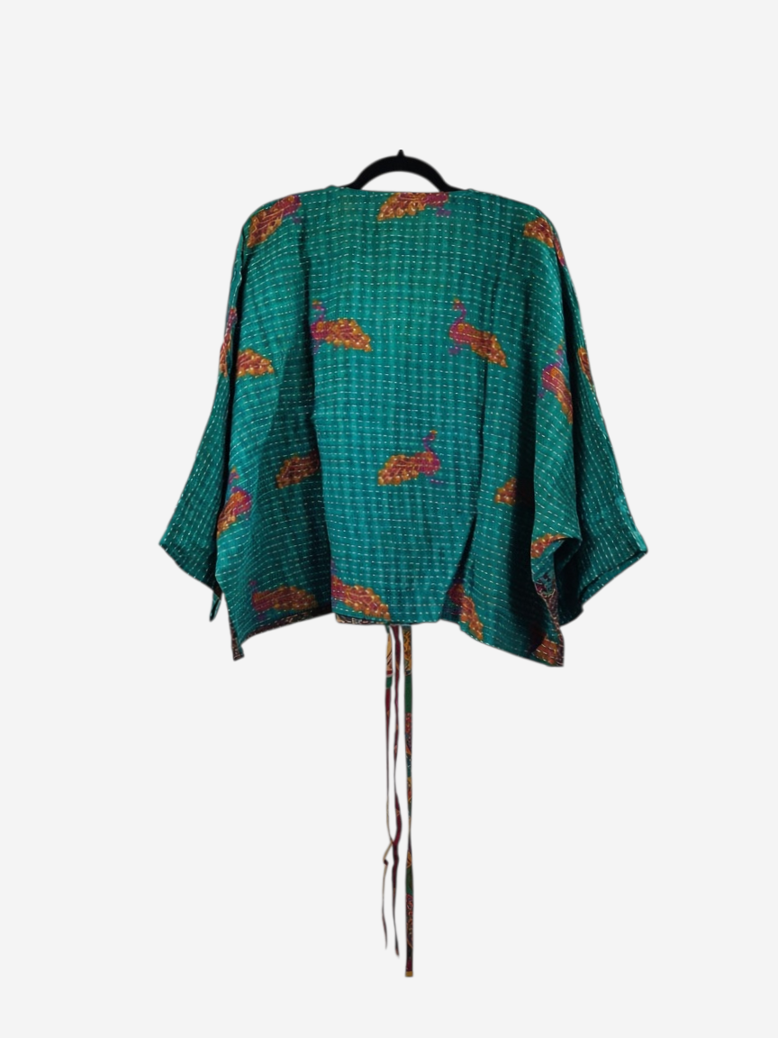She Lives Beauty Sunrise Hana butterfly top in green vintage cotton with kantha stitching and peacock print