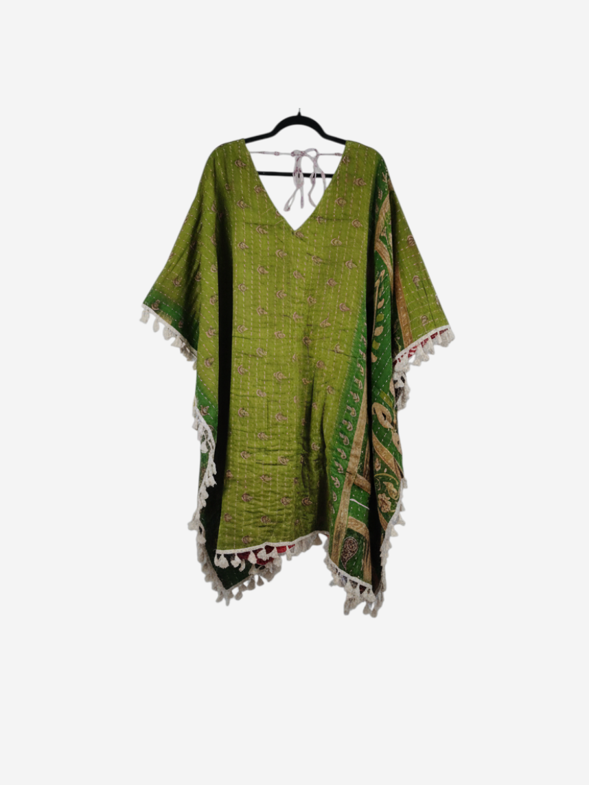 She Lives Beauty reversible green vintage cotton kantha kimono with long sleeves, front tie, and fringe detailing.