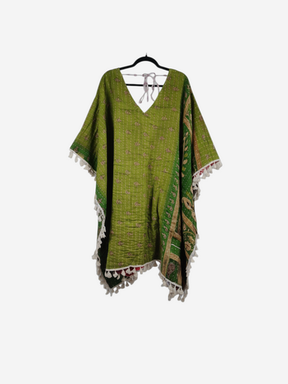 She Lives Beauty reversible green vintage cotton kantha kimono with long sleeves, front tie, and fringe detailing.