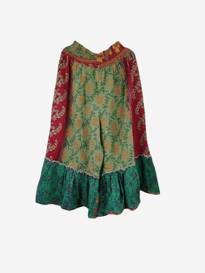 She Lives Beauty Anything for Selenas pants in vintage kantha cotton with green floral print and ruffled hem
