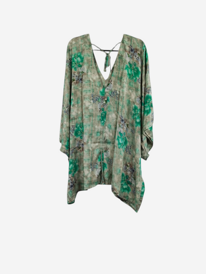 She Lives Beauty Moonflower Silk Oasis Top in green floral vintage rasgulla silk with a relaxed boho silhouette.