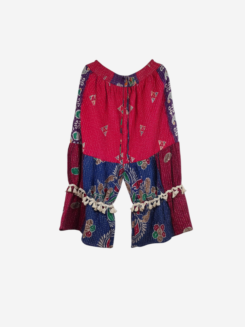 She Lives Beauty Heritage Whisper Kantha bloomers in patchwork vintage cotton sari fabric with tassel trim details.