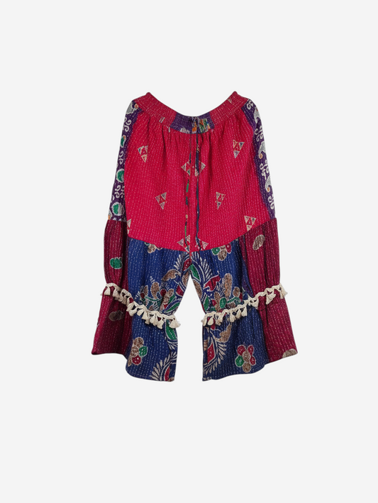 She Lives Beauty Heritage Whisper Kantha bloomers in patchwork vintage cotton sari fabric with tassel trim details.