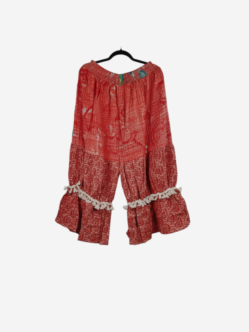 She Lives Beauty Heritage Whisper Kantha bloomers in red vintage cotton sari fabric with decorative lace trim.