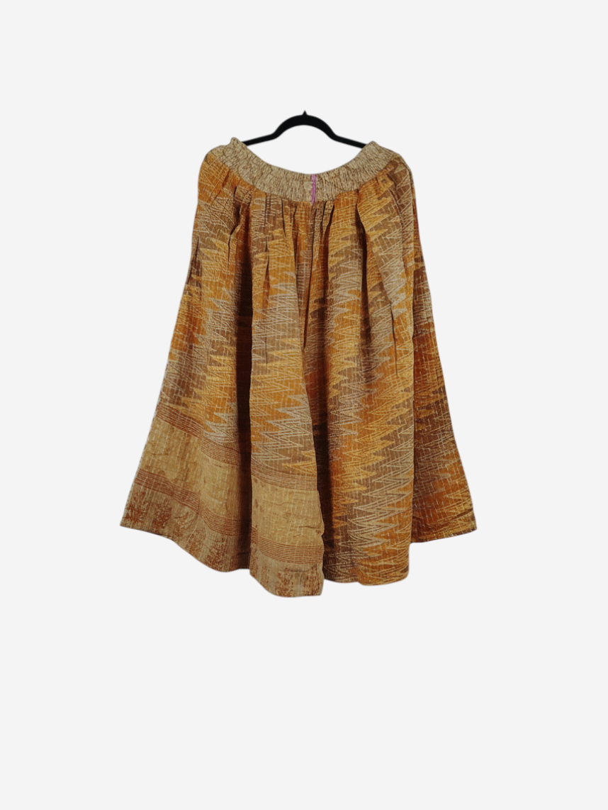 She Lives Beauty Pachuco Kantha capri pants in golden brown vintage cotton with pleats and a relaxed bohemian fit
