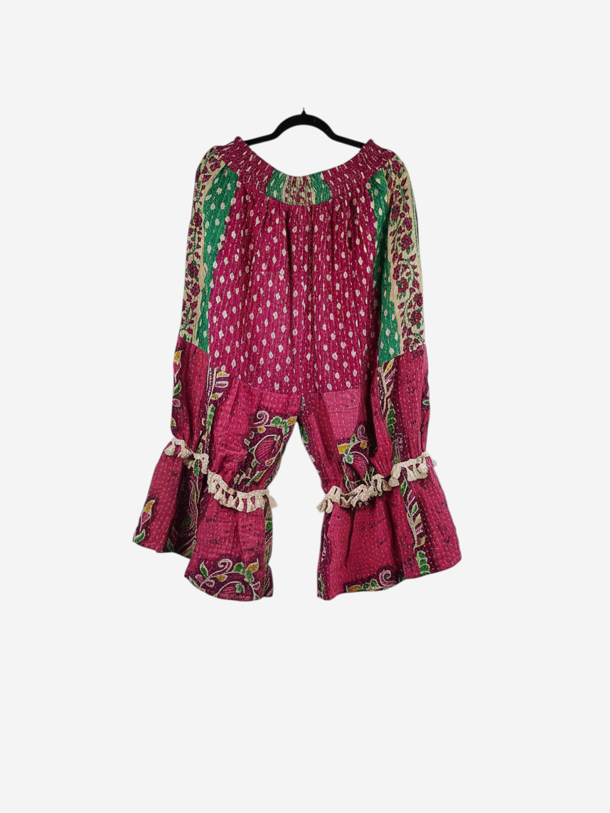 She Lives Beauty Heritage Whisper Kantha bloomers in pink and green vintage cotton sari fabric with tassel details.