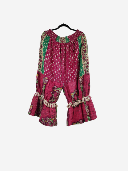 She Lives Beauty Heritage Whisper Kantha bloomers in pink and green vintage cotton sari fabric with tassel details.