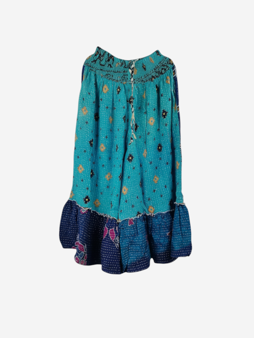 She Lives Beauty Anything for Selenas pants in teal vintage kantha cotton with a ruffled hem and elastic waistband.