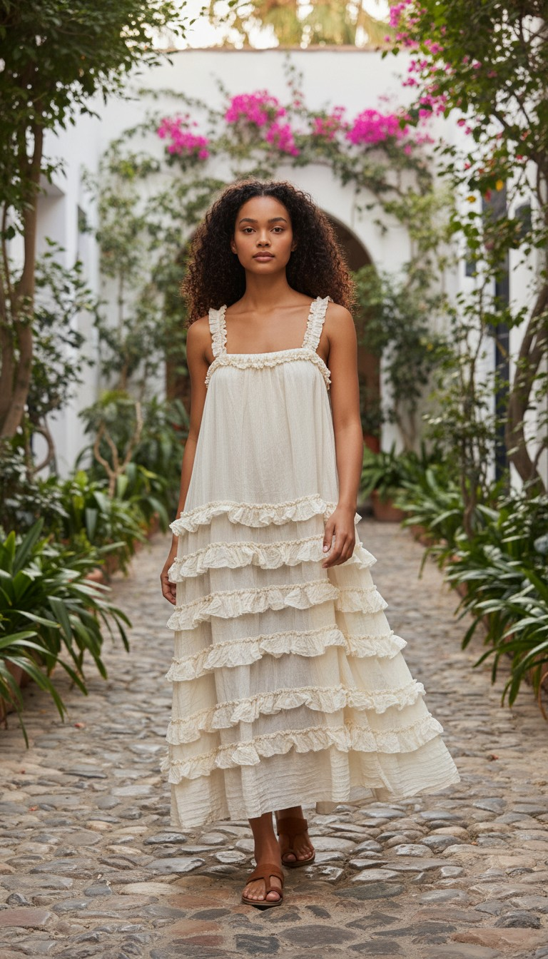TD2700 Long Dress w. Elastic Ruffle Strap & Ruffled Layers