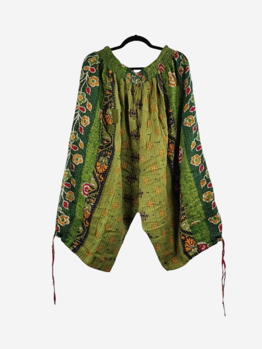 She Lives Beauty green vintage cotton kantha cargo jogger capris with floral patterns and hand-stitched details.