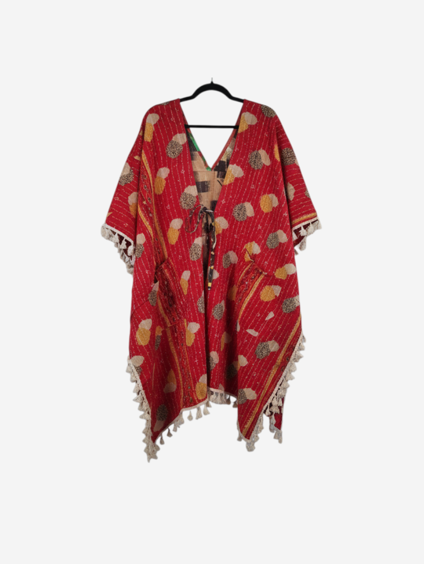 She Lives Beauty reversible red kantha kimono with fringe detailing, handmade from vintage cotton sari fabric.