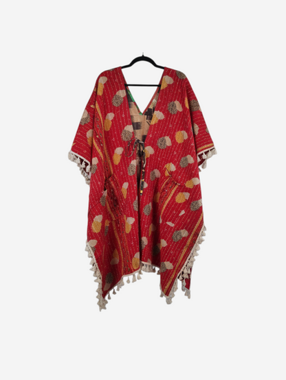 She Lives Beauty reversible red kantha kimono with fringe detailing, handmade from vintage cotton sari fabric.