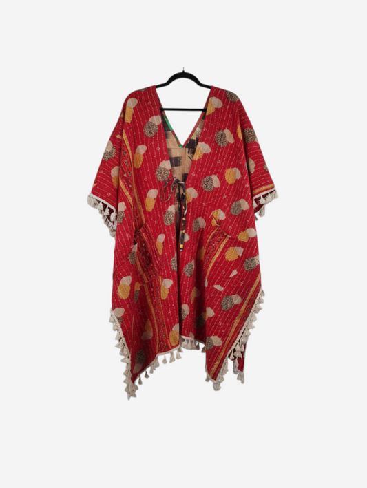 She Lives Beauty reversible red kantha kimono with fringe detailing, handmade from vintage cotton sari fabric.