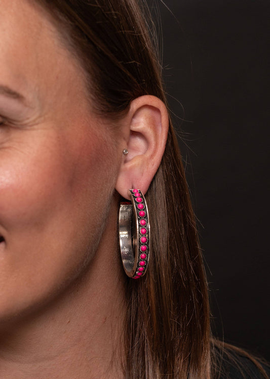 Burnished Silver and Pink Hoop Earring