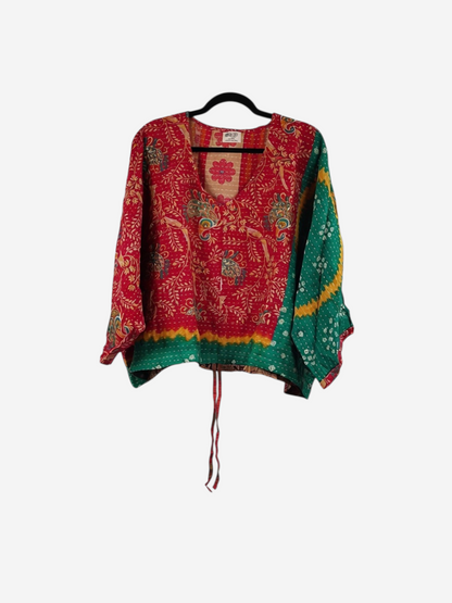 She Lives Beauty Sunrise Hana butterfly top in vibrant red and green vintage kantha cotton with bohemian patterns.
