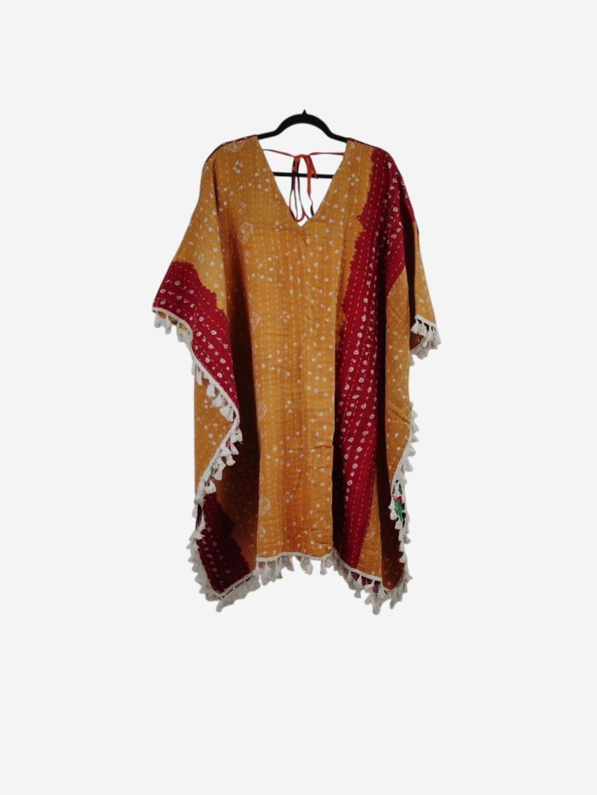 She Lives Beauty reversible long sleeve kimono in mustard and red vintage kantha cotton with white fringe detailing.