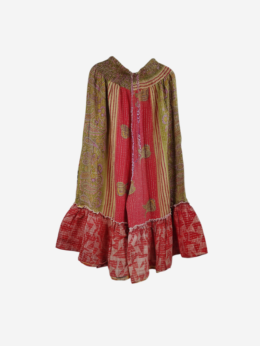She Lives Beauty Anything for Selenas pants in red and olive vintage kantha cotton with an oversized ruffle hem.