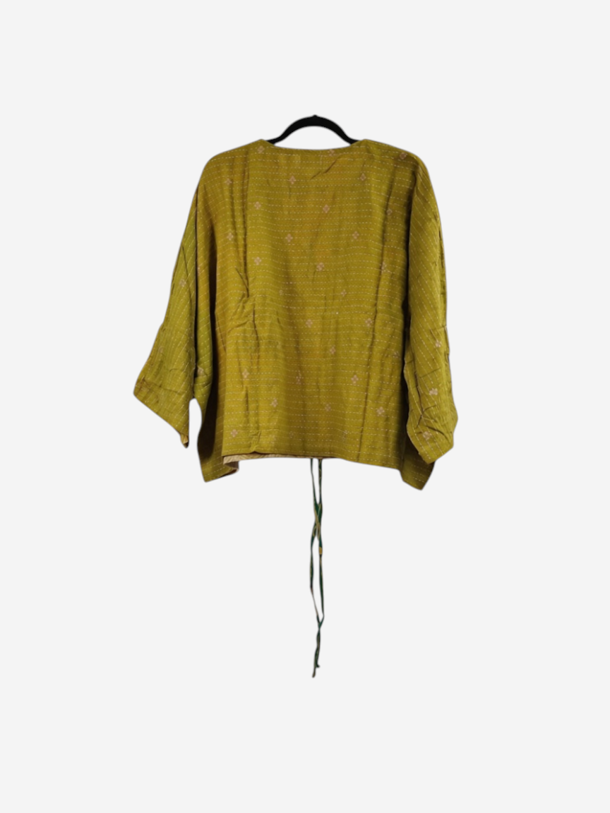 She Lives Beauty olive green vintage cotton kantha butterfly top with delicate hand-stitched details.