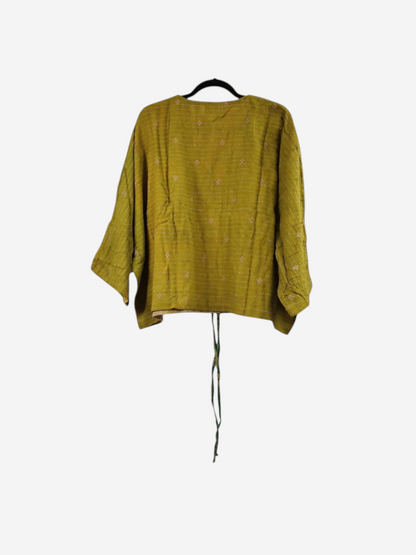 She Lives Beauty olive green vintage cotton kantha butterfly top with delicate hand-stitched details.