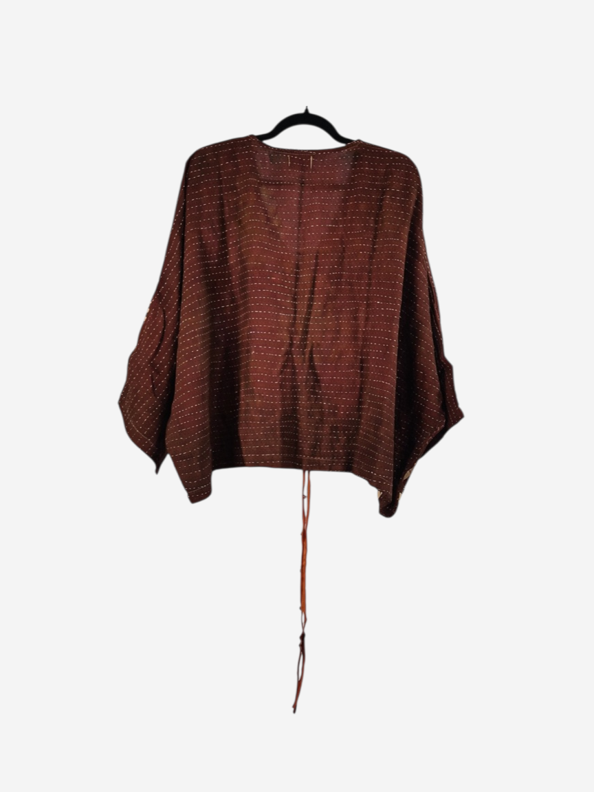 She Lives Beauty brown vintage cotton kantha butterfly top with white hand-stitched details and a relaxed fit.