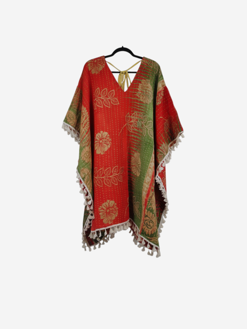 She Lives Beauty reversible long sleeve kimono in red and green vintage cotton kantha fabric with white fringe trim.