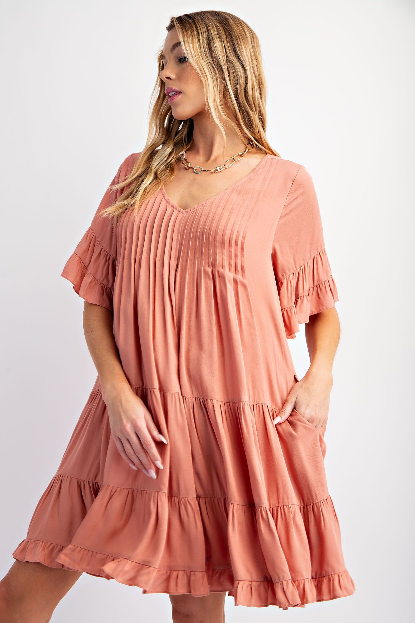 Plus Size Catch the Breeze Double Ruffle Soft Linen Dress w/ Pockets!!