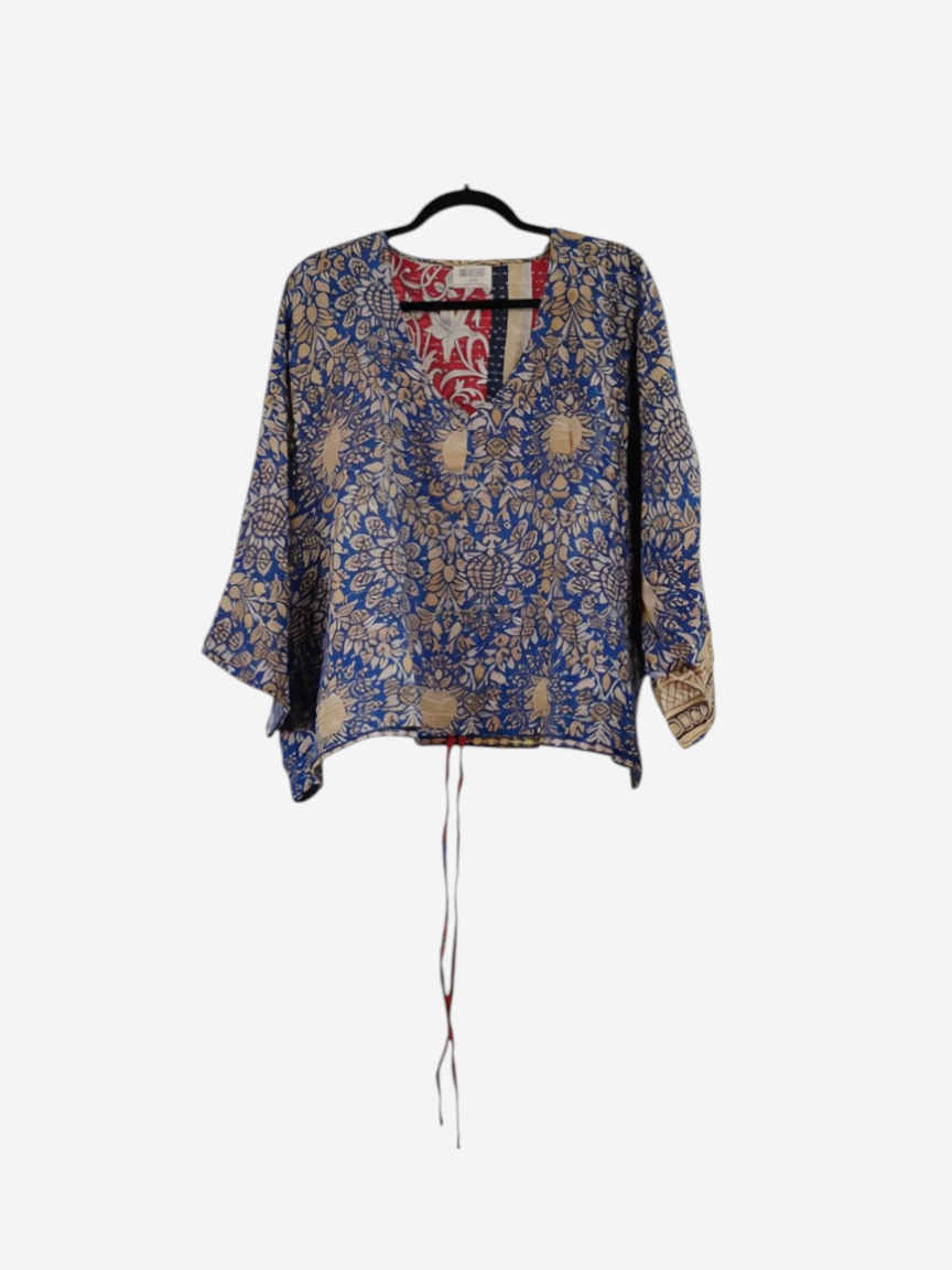 She Lives Beauty Sunrise Hana butterfly top in blue and beige vintage kantha cotton with a relaxed bohemian fit.