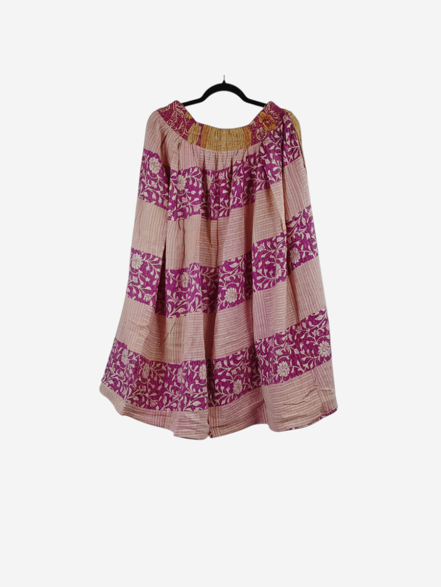She Lives Beauty Pachuco Kantha capri pants in pink and cream vintage cotton with floral patterns and pleated design.