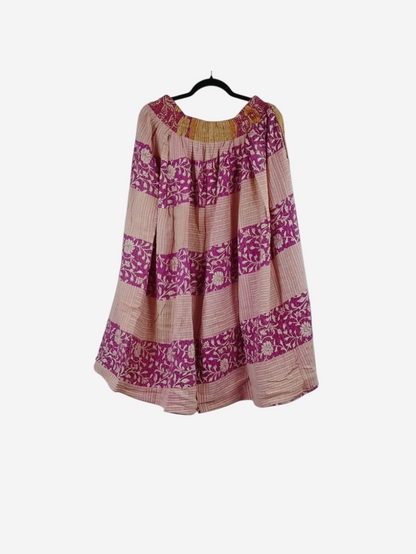 She Lives Beauty Pachuco Kantha capri pants in pink and cream vintage cotton with floral patterns and pleated design.