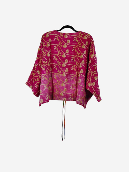 She Lives Beauty Sunrise Hana butterfly top in vibrant pink vintage kantha cotton with gold floral print and stitching