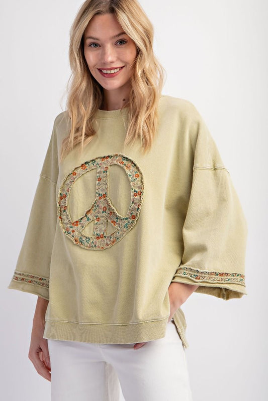 Mineral Wash Terry Floral Peace Sign Pullover