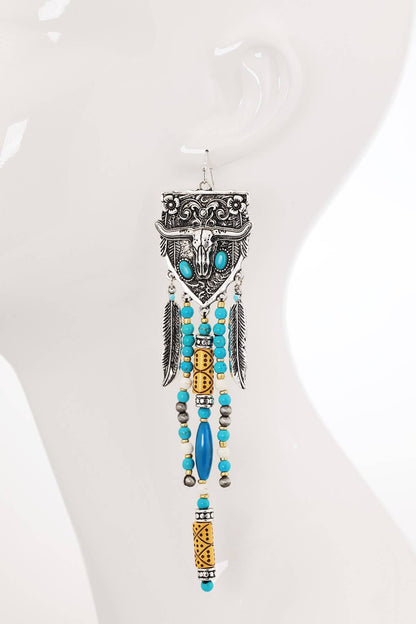 Western multi-Stone Steer Head Fringe Earrings