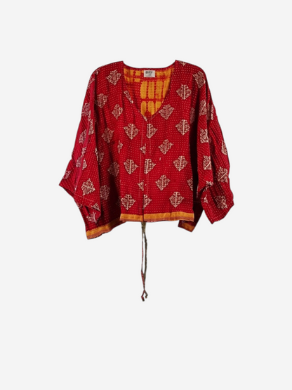 She Lives Beauty Sunrise Hana butterfly top in red vintage cotton with white geometric kantha stitching and tie front