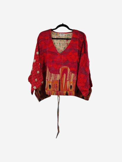 She Lives Beauty Sunrise Hana butterfly top in red vintage kantha cotton with unique patchwork and hand-stitched detail