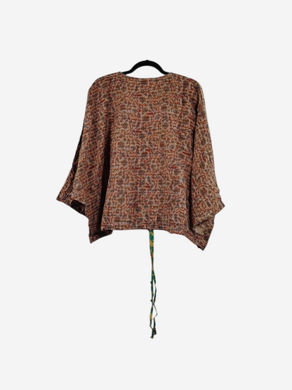 She Lives Beauty Sunrise Hana butterfly top in vintage brown cotton with intricate kantha stitching and floral print.