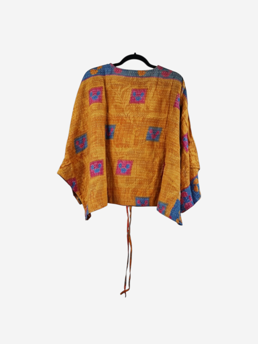 She Lives Beauty Sunrise Hana butterfly top in mustard yellow vintage kantha cotton with blue and pink square patterns.