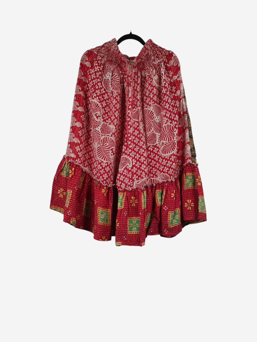 She Lives Beauty Anything for Selenas Bloomers in red vintage kantha cotton with an oversized ruffle hem
