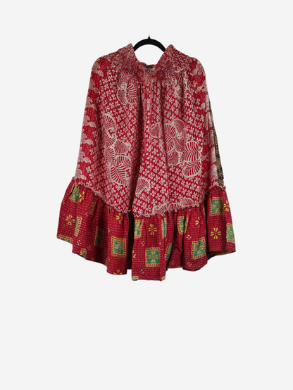 She Lives Beauty Anything for Selenas Bloomers in red vintage kantha cotton with an oversized ruffle hem