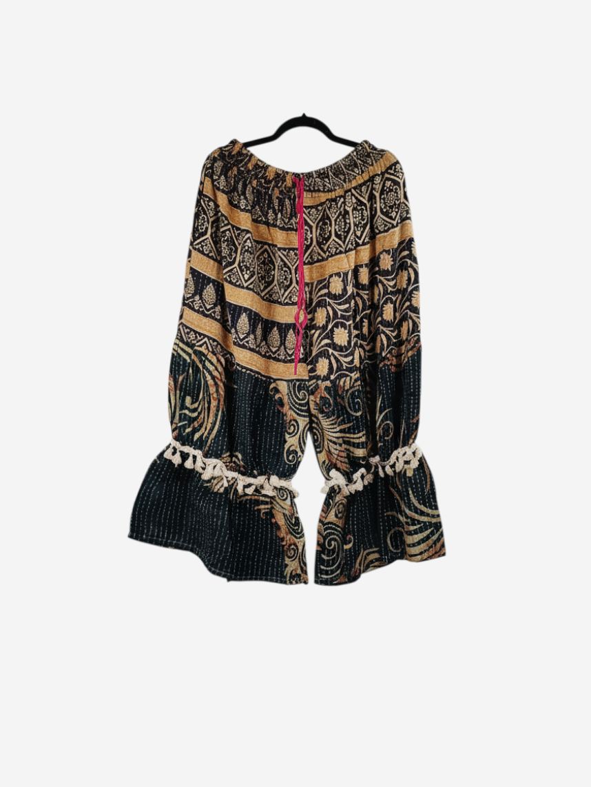 She Lives Beauty Heritage Whisper Kantha bloomers in vintage cotton with black and gold floral prints and tassel trim.