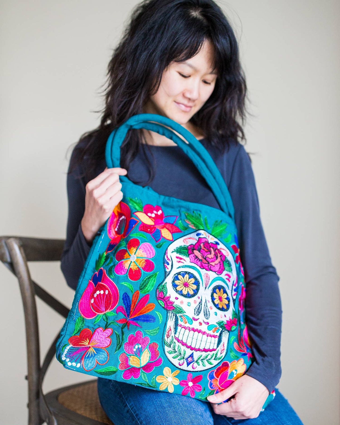 Sugar Skull Skeleton Embroidered Tote Bag