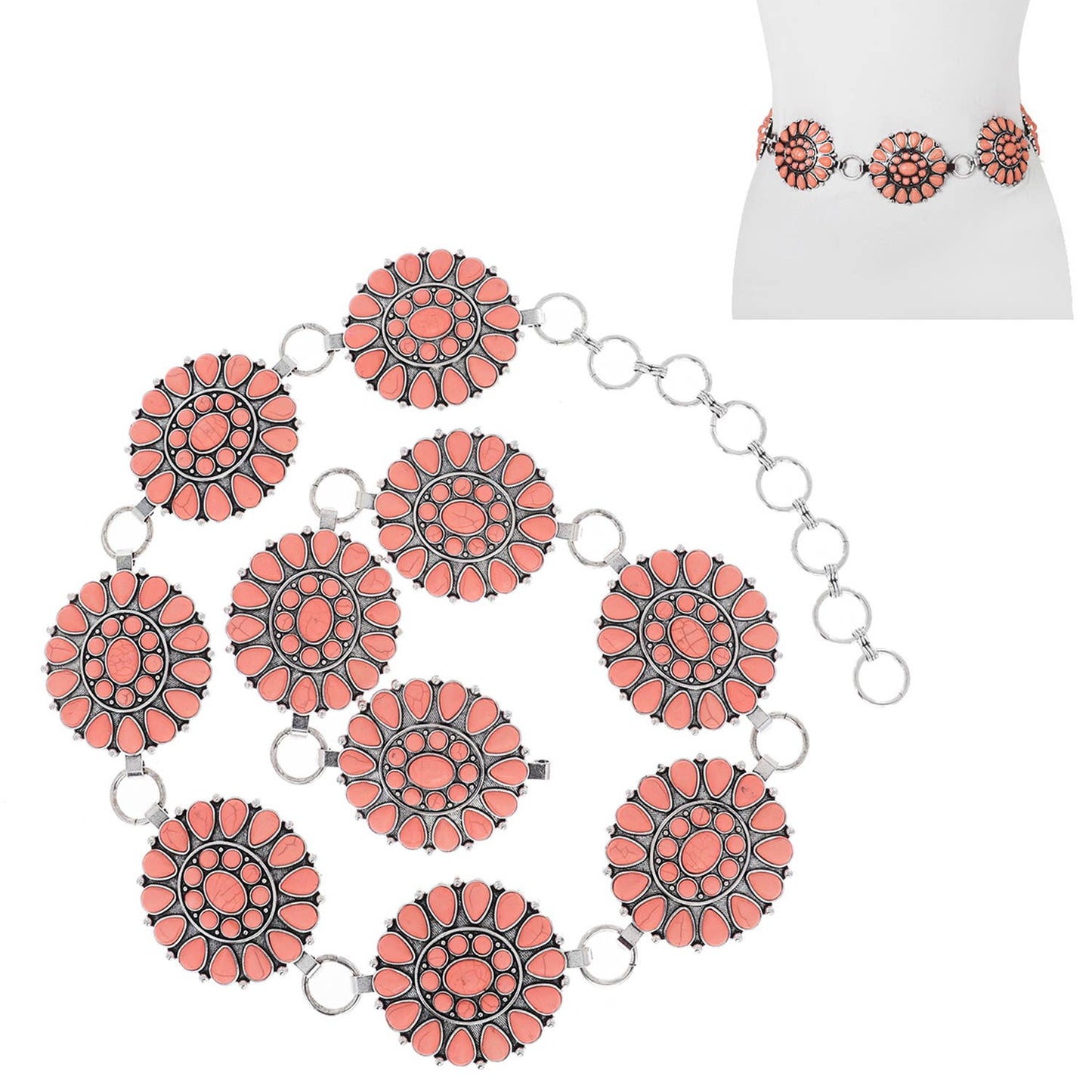 Western Style Synthetic Semi Stone Concho Chain Link Belt