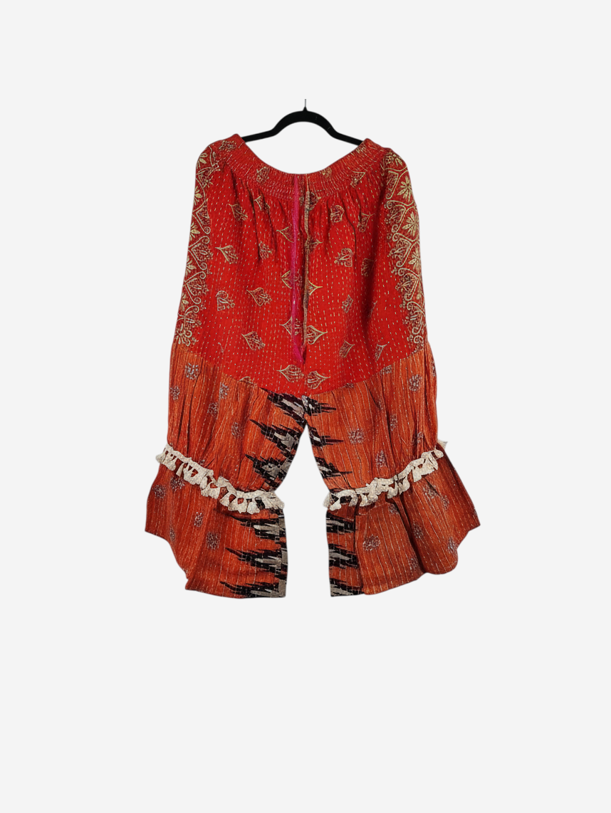 She Lives Beauty Heritage Whisper Kantha bloomers in red vintage cotton with traditional stitching and tassel trim.