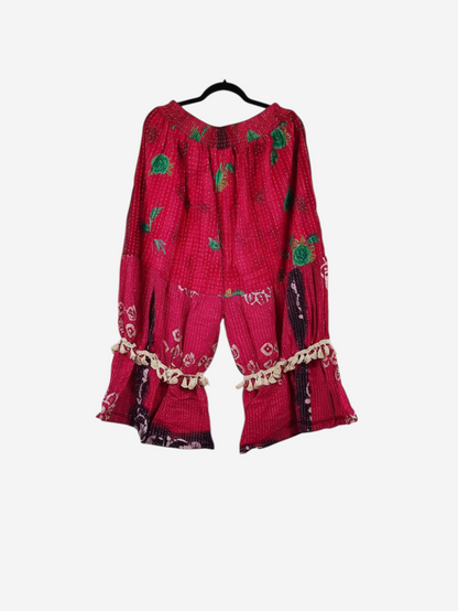 She Lives Beauty Heritage Whisper Kantha bloomers in deep red vintage cotton with floral prints and tassel trim