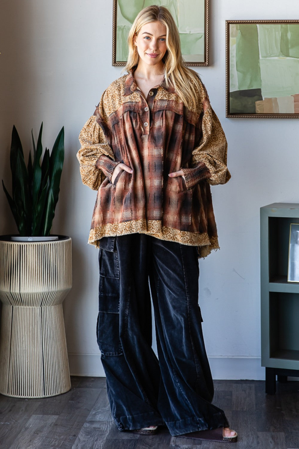 Half Button-down Printed Plaid Top